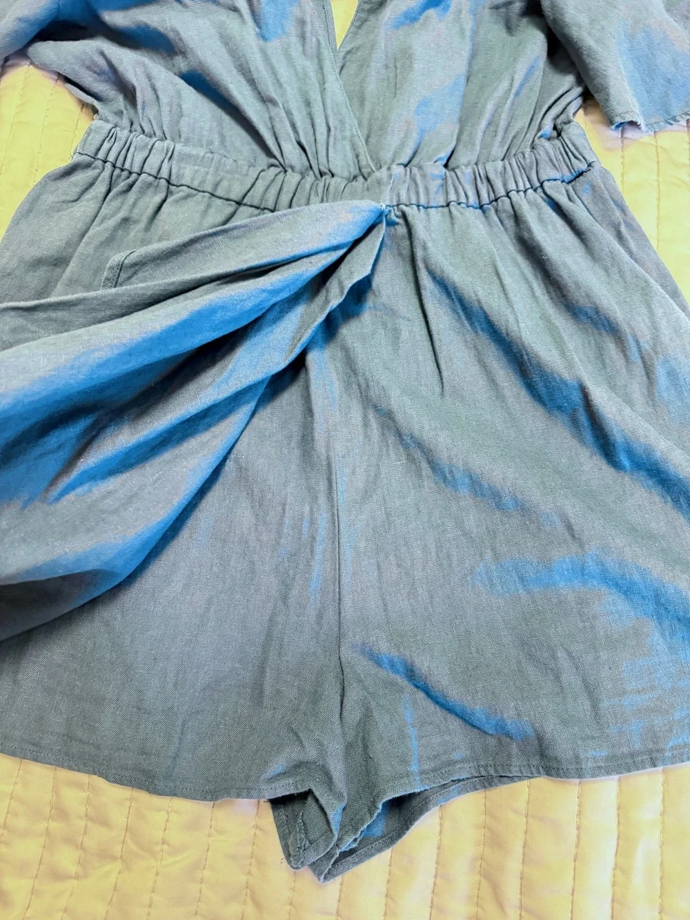 Zara Blue Linen Blend Wrap Romper L V-Neck Flutter Sleeve Keyhole Back Summer